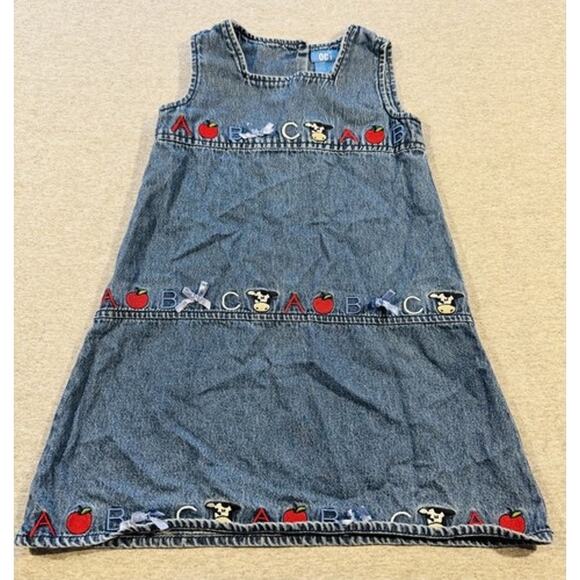OCi Other - Vintage Girls OCI Denim ABC School Jumper Dress Size 4 Embroidered Apple Cow Bow
